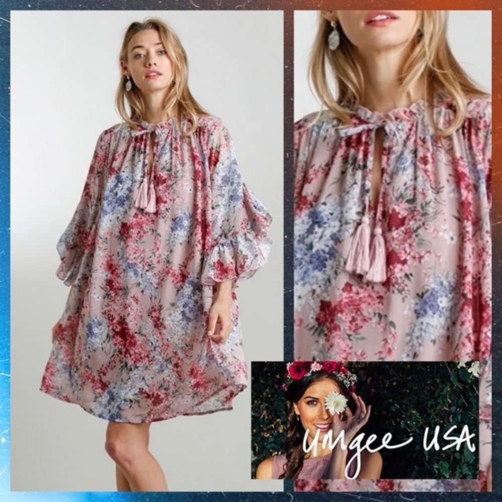 NWT Umgee Chiffon Overlay Floral Print Oversized Babydoll Dress Size Med…